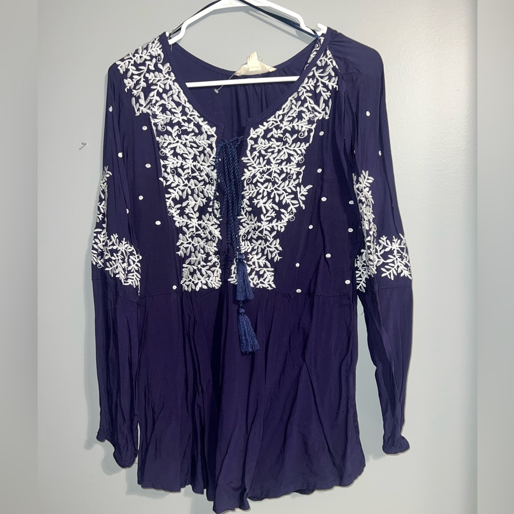 Embroidered Navy Blue Women's Top